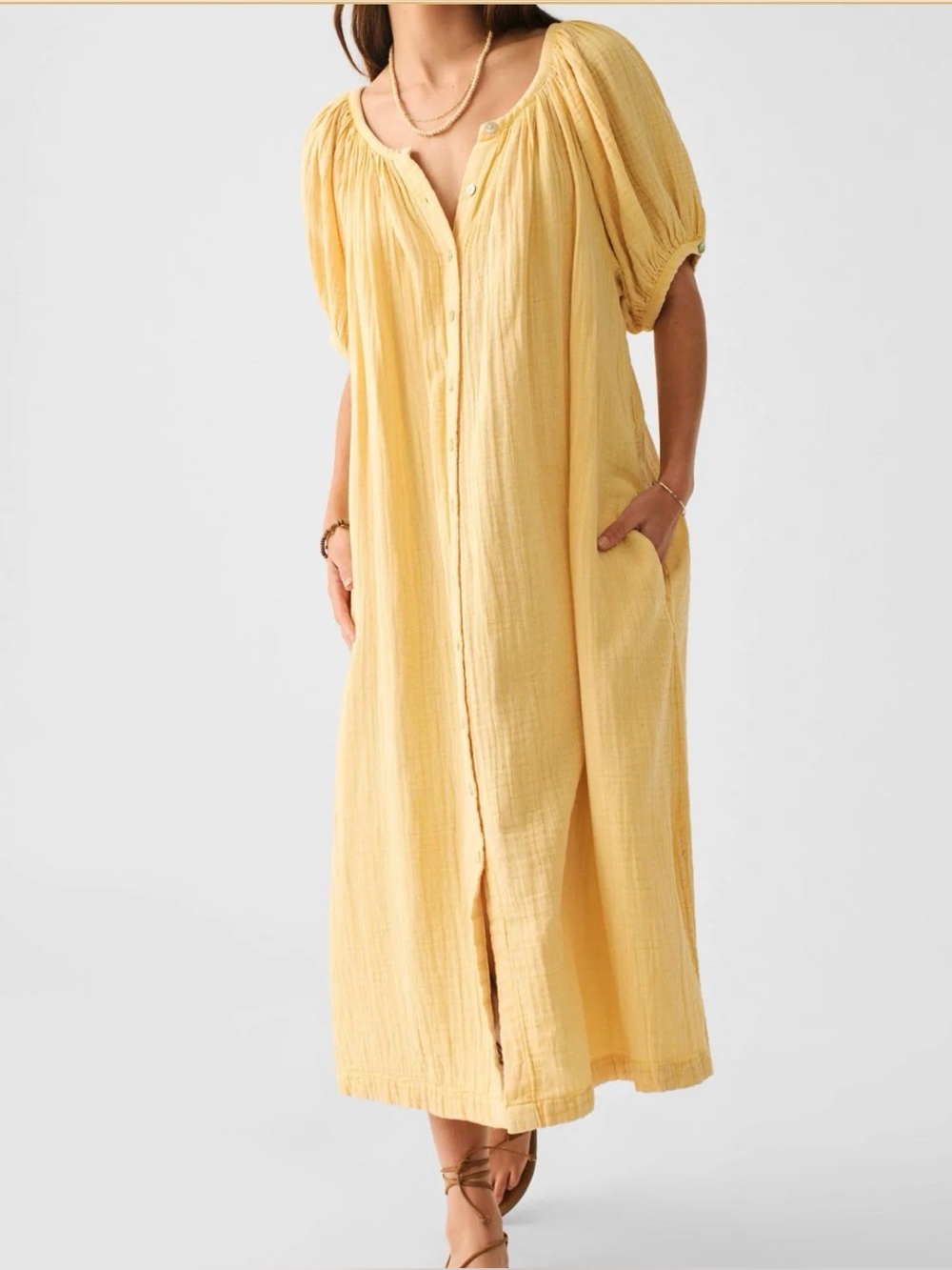Faherty Dream Cotton Gauze Carmel Dress Sun-Washed Yellow Pockets Womens Small